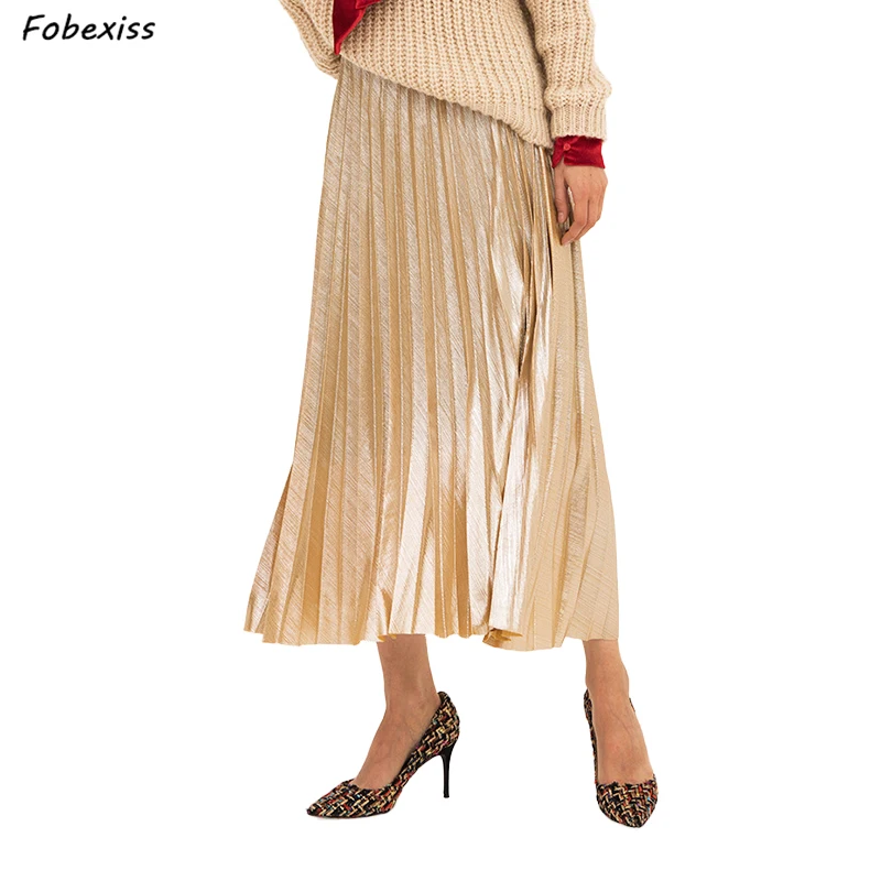 

Skirt Women Autumn 2019 High Waist Pleated Skirt Knee Length Elastic A line Winter Female Streetwear Pink Party Long Skirts