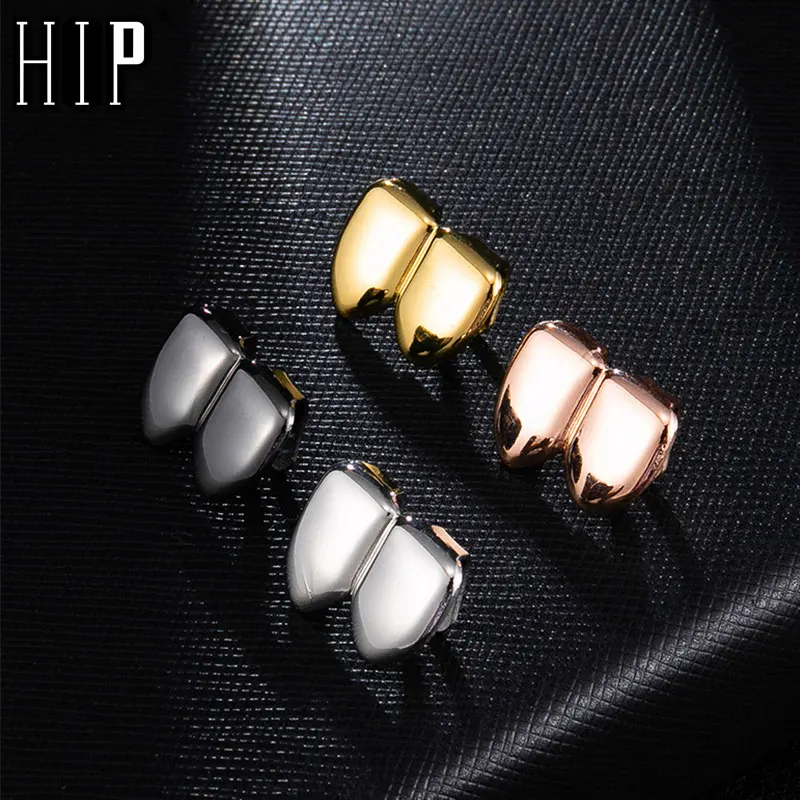 

Hip Hop Double Caps Yellow Gold Color Plated Grillz Two Teeth Top Grills For Men Rapper Jewelry