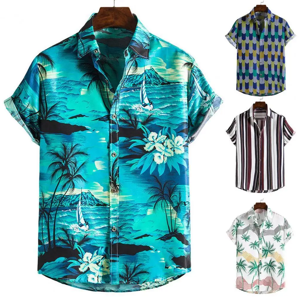2021 New Summer Men's Fashion Striped/Tree Pattern Flower Shirt Short Sleeve Lapel Slim Hawaiian Shirt Travel Beach Casual Wear