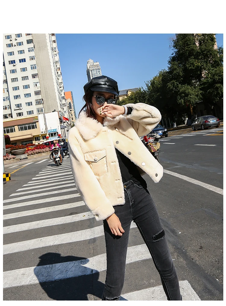 Двусторонняя Меховая куртка Highstreet с зубчатым вырезом, однобортное пальто с заниженным плечом, женская зимняя повседневная Толстая теплая верхняя одежда для женщин