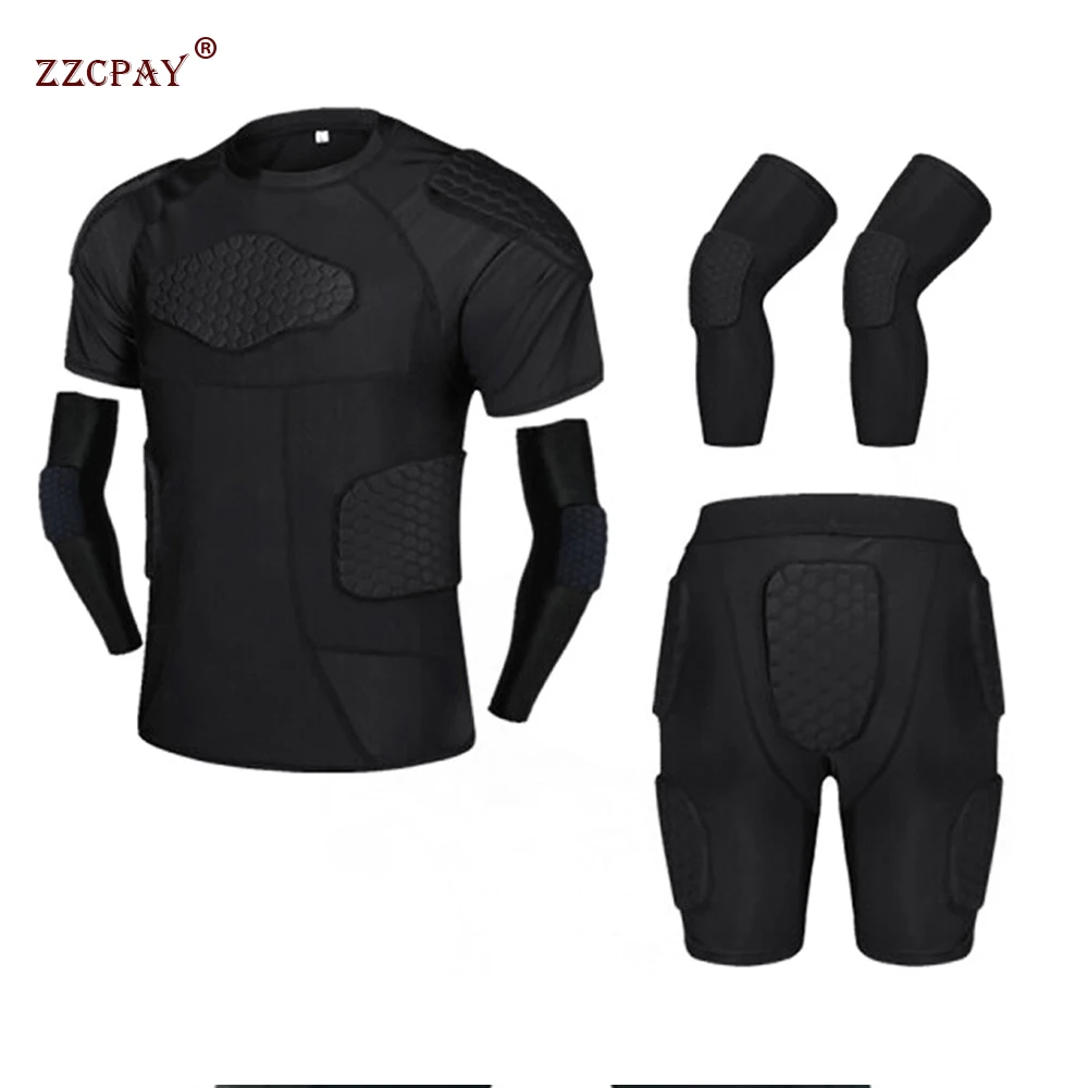 Men Sports Kneepad Elbow Shock Guard Compression Padded Shorts Shirt Vest Set Soccer Basketball Protective Gear Chest Rib Guards sports suit