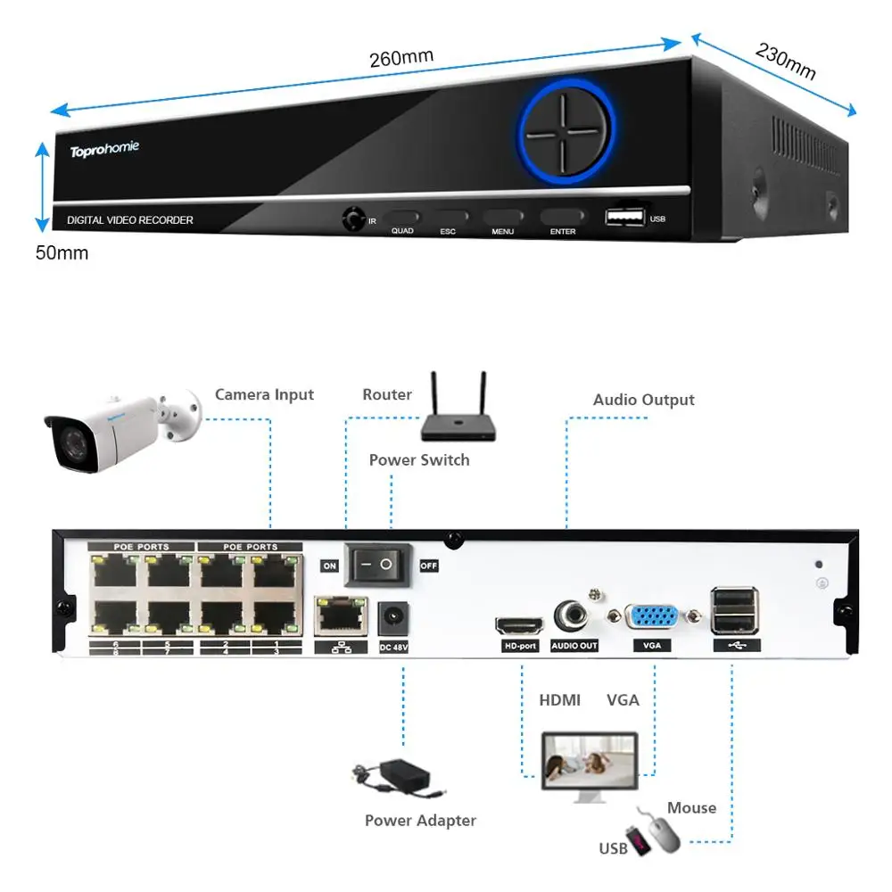 TOPROHOMIE H.265 + POE Система 8CH NVR с 4MP 2592*1520 безопасности наружная аудио запись звука IP