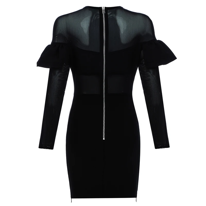 INDRESSME, новинка, модное, с круглым вырезом, с оборками, с длинным рукавом, в сетку, половина Перспектива, бинты, облегающее мини-платье, черные, женские, вечерние, Vestido