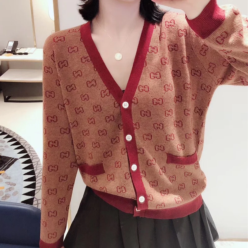 Autumn New Women's Short Sweater Cardigan Jacket Female Thin Outside Sweater Long-sleeved V neck Knit Tops JIN09 - Цвет: wine red