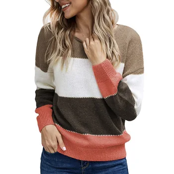 

Woman Pullovers Female Spring Autumn Casual Color Stripe Splice Full Sleeve Round Neck Loose Comfortable Soft Sweater 3 Colors