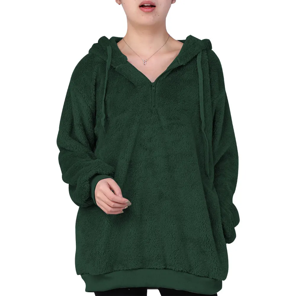 green Новые женские флисовые толстовки длинный рукав пуловер с капюшоном, толстовка осень зима теплая молния карман мех пальто плюс размер 5XL - Цвет: green