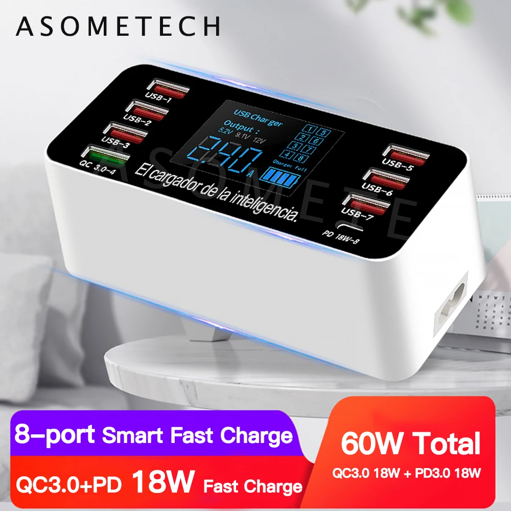 US $28.73 8 Ports USB Phone Charger PD QC30 Fast Charging Station 60W Smart LED Display Type C Adapter Quick Charge 30 USB Charger