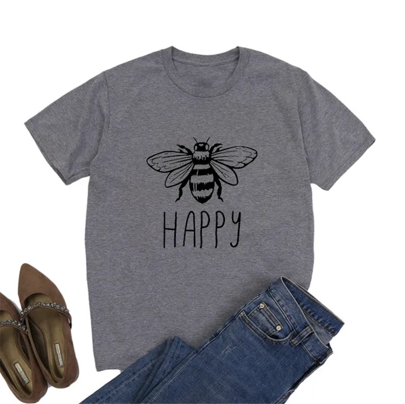 Серый Женская футболка с надписью Happy Bee, хлопок, Повседневная футболка с коротким рукавом, осень, базовая футболка с круглым вырезом, женская одежда - Цвет: Серый
