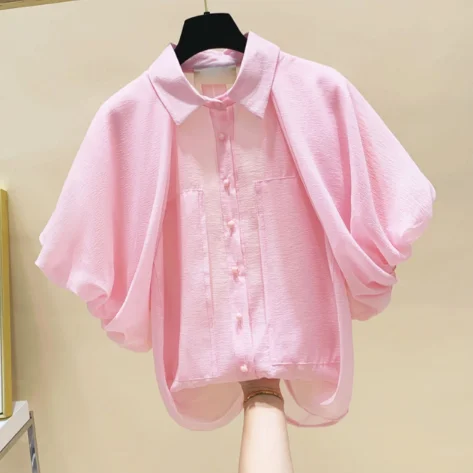 

Summer Autumn Chiffon Blouse for Women Short Sleeve Pink Shirt Temperament Lady's Court Style Puff Sleeve Shirts Blouses Blusas