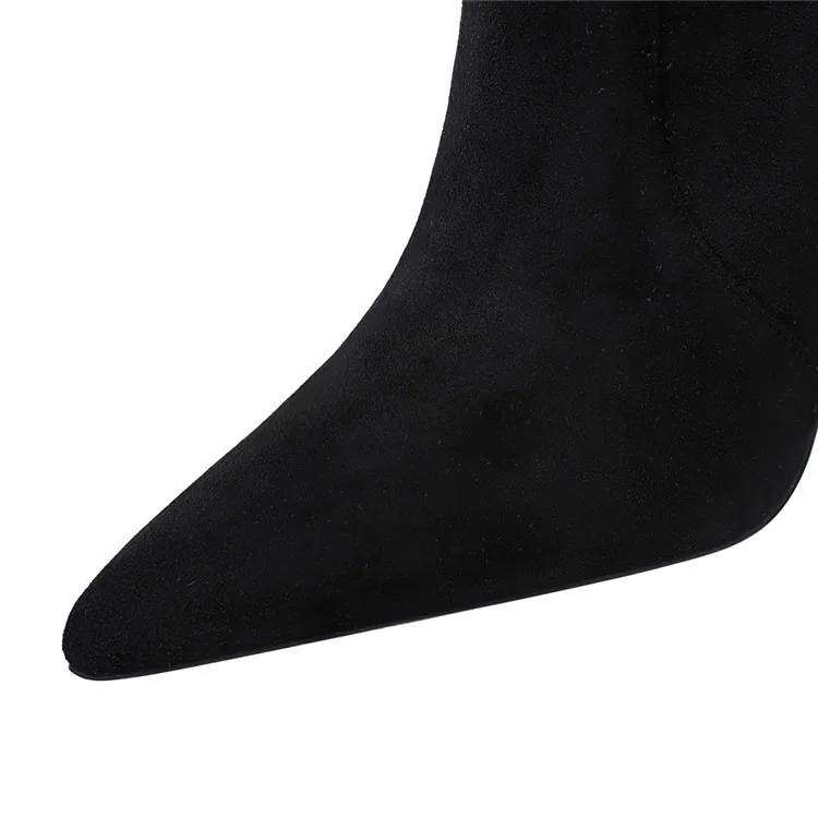 EilyKen/зимние теплые короткие плюшевые сапоги выше колена на шнуровке с металлическим украшением; женские модные высокие сапоги из флока с острым носком