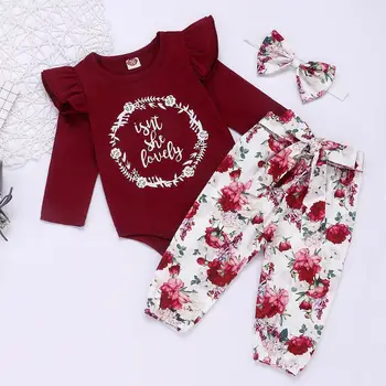 

2019 Pure Cotton Baby Girl Clothes Outfits Long Sleeve Toddler Rompers Flower Pants Headband Sets
