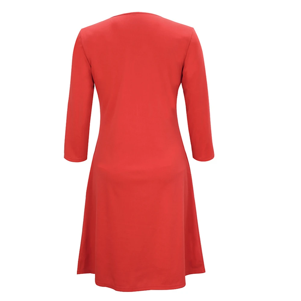 Pdfmily Fashion Women Casual Red Dresses Solid Zipper V-Neck Three Quarter Sleeve A-Line Short Loose Dress With 4 Colors