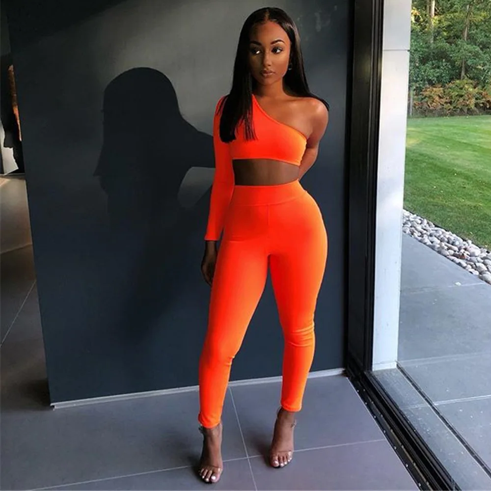 

2019 Year Fashion New Women Clothes Suit Two Pcs One Shoulder Full Sleeves Elastic Solid Color Casual Street Clothing 2 Pieces