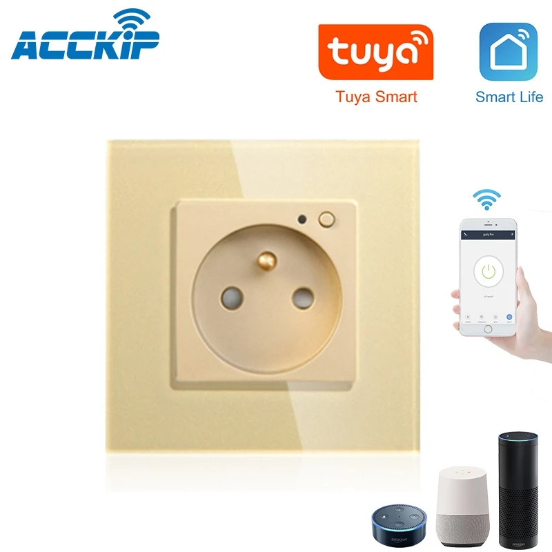 Golden ACCKIP Wifi Smart Plug французский 13A Голосовое управление с Google Home Alexa пульт дистанционного управления устройством Prise murale intelligente - Цвет: Golden