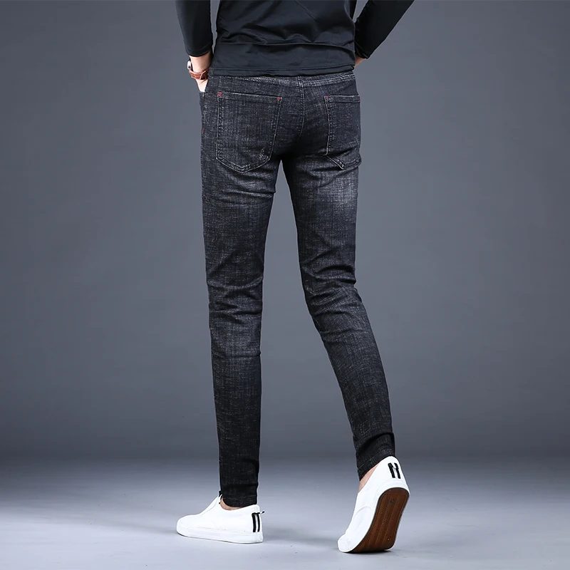 Men Black Jeans Fashion Side Stripe Slim Fit Pencil Pants Korean Style Casual Stretch Denim Trousers
