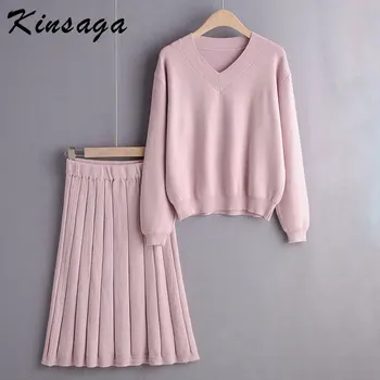 

Knit Wear 2 Piece Set Fall Winter Loose V Neck Knitted Sweater Pullover + Pleated Skirts Suits Fashion Office Lady Tracksuits