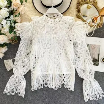 

New arrival Runway spring Sweet Ruffles Hollow Out Lace blouses Embroidery Shirt Women mesh Flare Sleeve Fashion Blouse Top