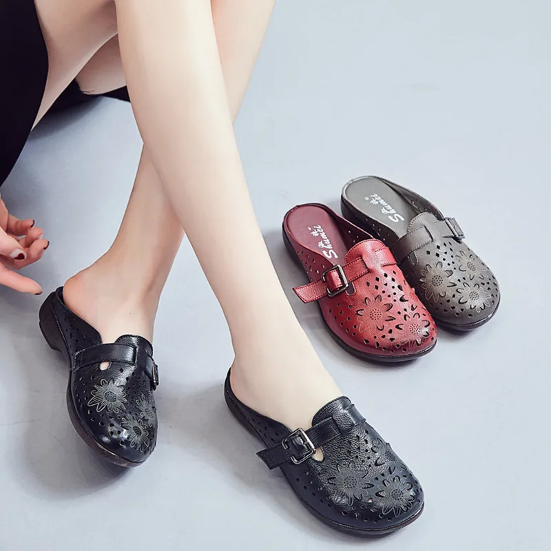 

Jing benss Genuine Leather 19-Style Laser Embroidery Perforation Comfortable Soft Tendon Flat Metal Buckle Decoration Slipper