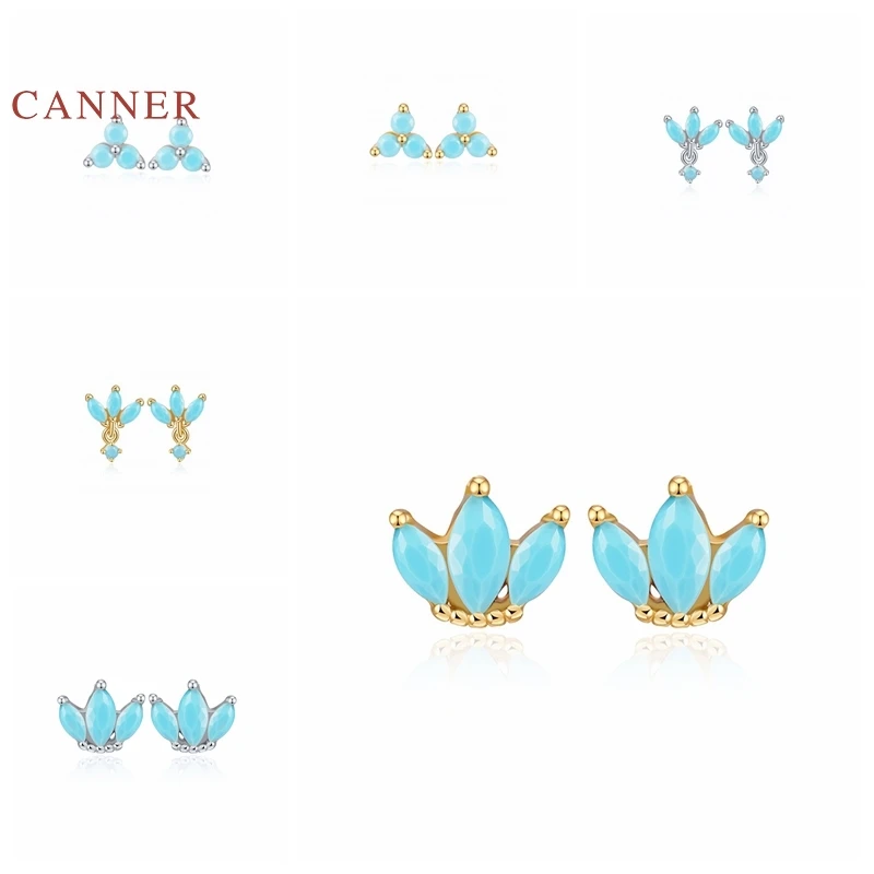 

CANNER Real 925 Sterling Silver Earrings For Women Blue Classic Personality Geometry Stud Earrings Zircon Jewelry Pendientes