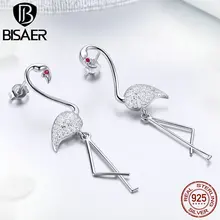 BISAER 925 пробы серебряные серьги-гвоздики с Фламинго тропический Фламинго серьги с прозрачными фианитами для женщин ювелирные изделия из стерлингового серебра EFE017
