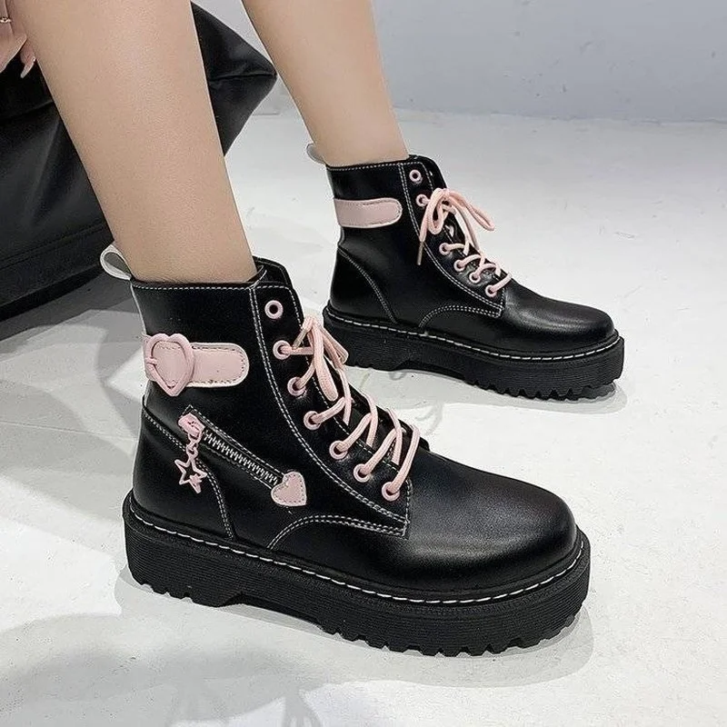 New College Style Martin Boots Women Autumn 2021 Girl Love Round Toe Lace-up Short Y2k Aesthetic Goth Punk Platform Shoes | Тематическая