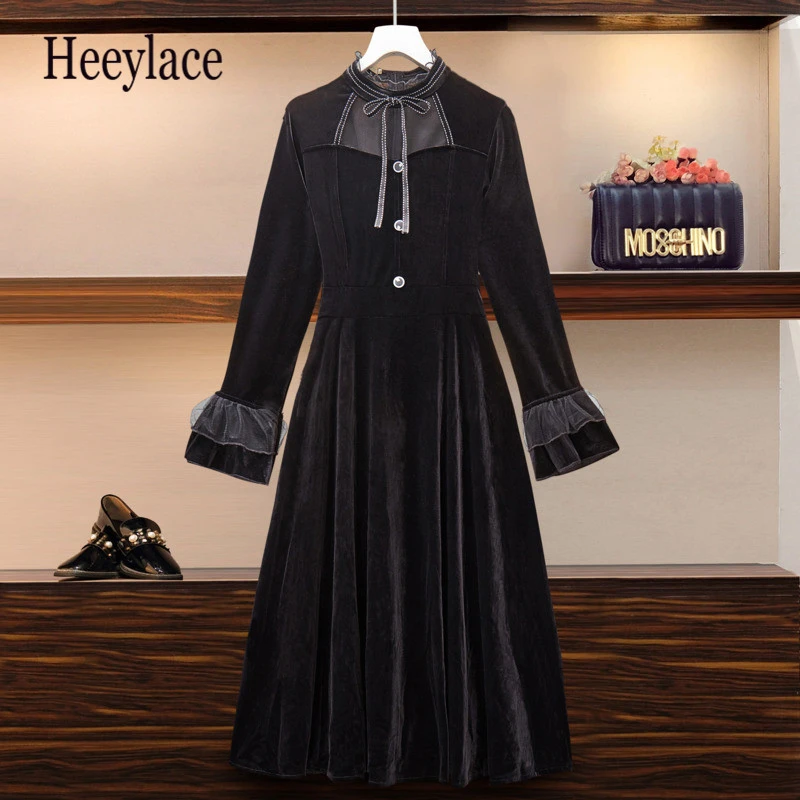 Женское винтажное бархатное длинное платье Осень-зима 2020 Сетчатое лоскутное