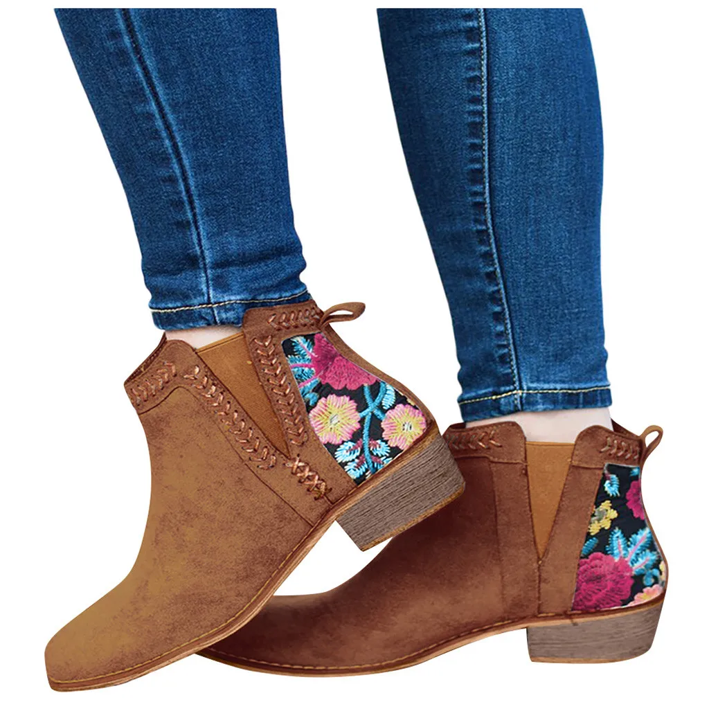 Shoes Women Autumn Winter Boots Women Casual Booties Rome Large Size Embroider Flower Square Heels Short Boots Shoes