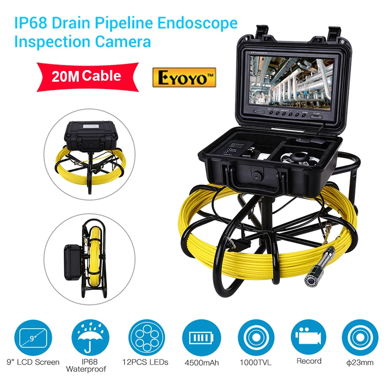 

Eyoyo 9600A 9 Inch Monitor Pipeline Endoscope Inspection Camera 20M Underwater Industrial Pipe Sewer Drain 8G Video Snake Camera