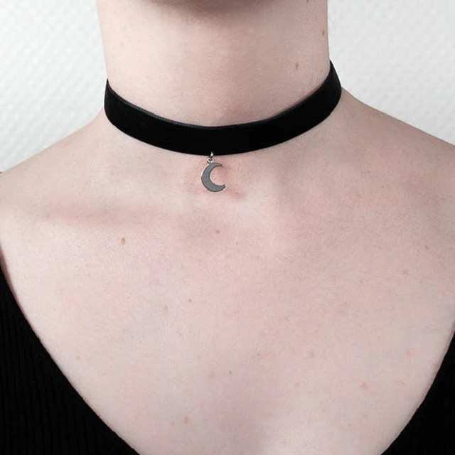 Emo Punk Gothic Choker Necklace Black Velvet Ribbon Chockers Moon Pendant  Goth 