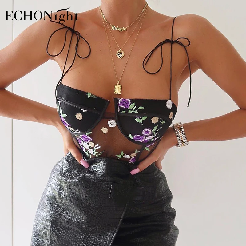 Echonight-Body transparente con bordado Floral para mujer, traje Sexy sin mangas de encaje transparente, triangulación de envíos