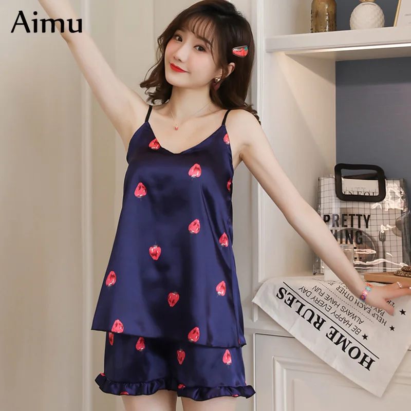 

2020 Summer Sleepwear Set New Thin Silk Sling Shorts Dee Sexy Pajama Set Sling Women's Home Cloth Pyjamas with Chest Pad pijama