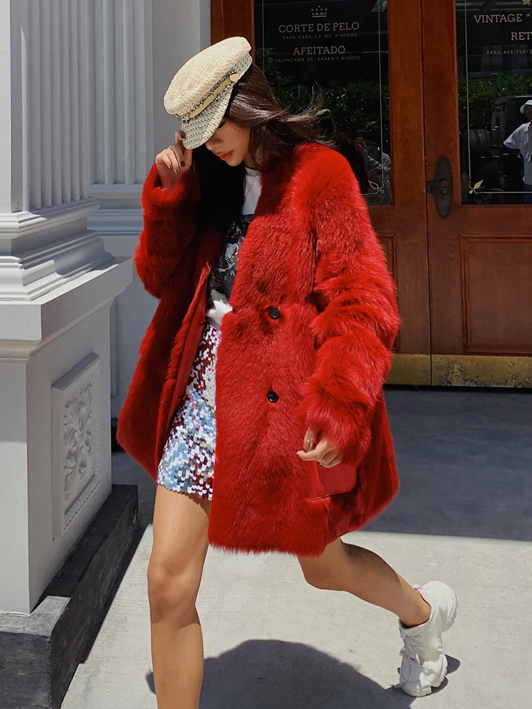 New Style Real Fur Coat Women Winter Natural Wool Sheep Fur Coat Women Warm Real Fur Jacket V-neck Collar Female Overcoat