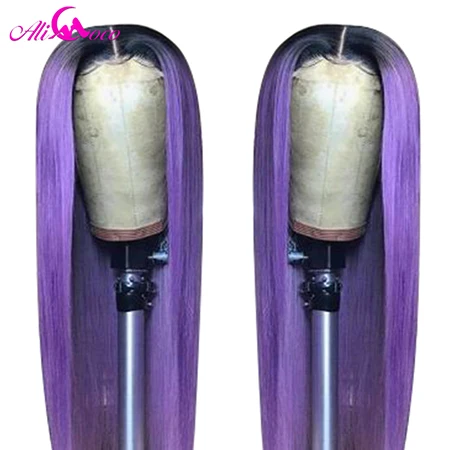 1B Purple ALI Coco, 150%, зеленый парик из человеческих волос, бразильский, Remy, прямой, желтый, парик на кружеве, розовый, красный, светильник, синий, фиолетовый, Омбре, парики для женщин - Цвет: 1B Purple