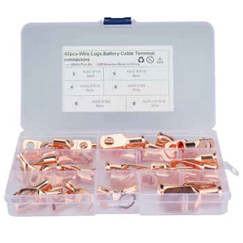 

42pcs Wire Lug Copper Terminals Crimp Ring Battery Welding Wire Connectors Kit Cold Pressed Terminals
