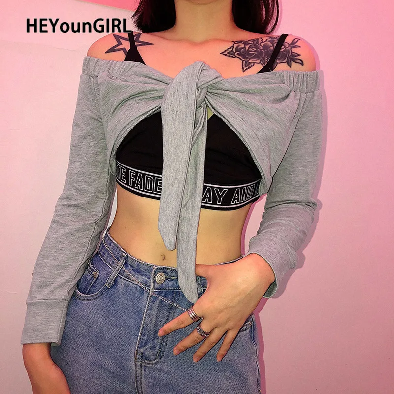 HEYounGIRL поддельные две части женские футболки Повседневная открытая спина с открытыми плечами футболка Женская Harajuku ремень короткий топ футболка