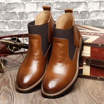 

2018 Spring/Winter Fur Men's Chelsea Boots,British Style Fashion Ankle Boots,Black/Brown/Red Brogues Soft Leather Casual Shoes