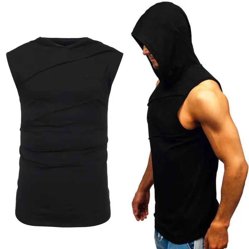Mens Sleeveless Hooded Vest Casual Slim Fitness Sports Workout Pullover Tank Top Letters Embroidery Solid Color Gym Sweatshirt