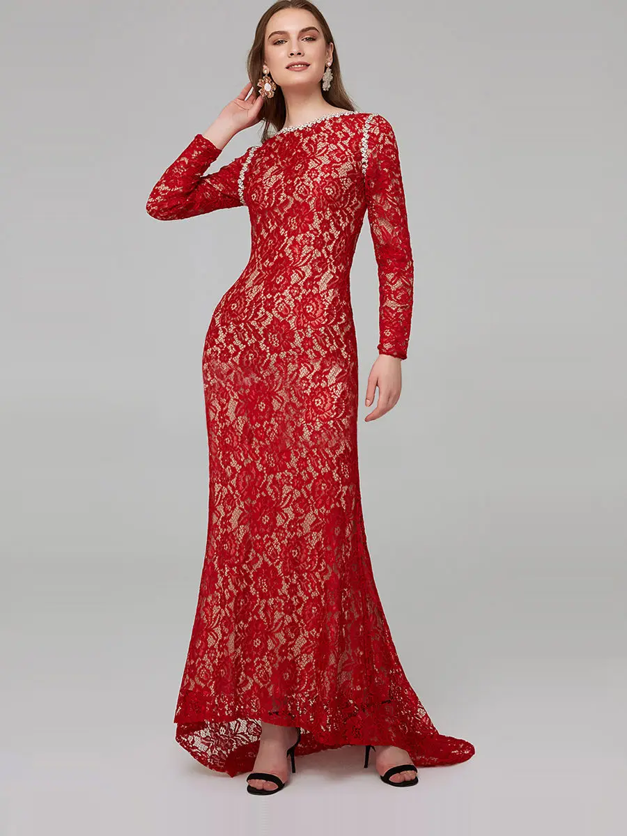 Маленькое вечернее со шлейфом платье красное с длинным рукавом Robe De Soiree T460 простые кружевные женские вечерние платья размера плюс вечерние платья