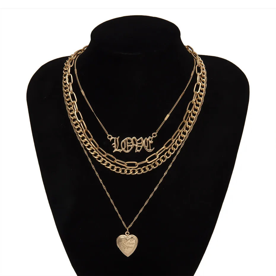 Necklace IngeSight. Z винтажное многослойное ожерелье-чокер любовь для женщин панк рамки можно открыть медальон сердце кулон ожерелье ювелирные изделия - Окраска металла: Necklace