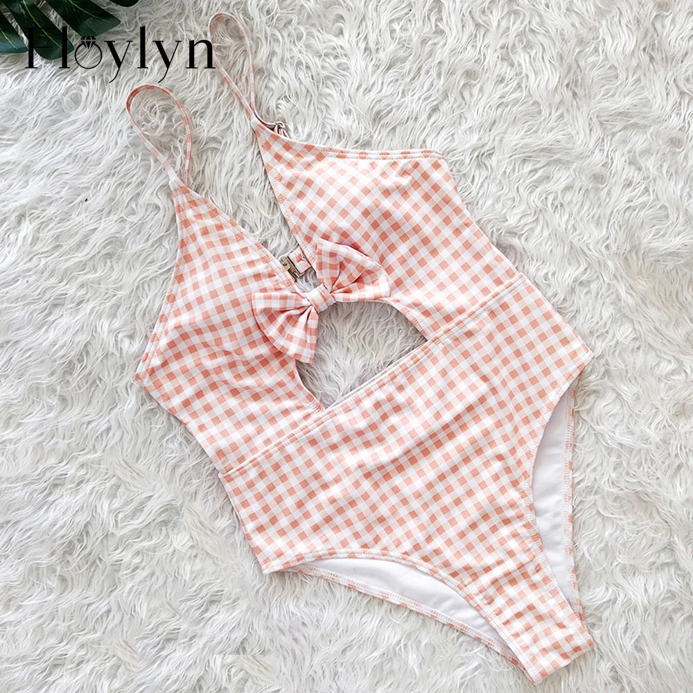 

Floylyn Women Swimsuits One Piece Sexy Bow-knot Plaid Print Hollow Swimsuit High Cut Swimwear Push Up Padded Bathing Suits