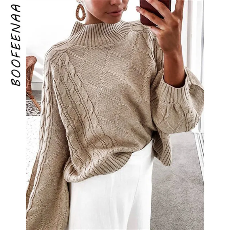 

BOOFEENAA Khaki Knitted Turtleneck Oversized Sweater Women Fall Winter Clothes 2019 Casual Loose Jumper Pullovers C32-AI22