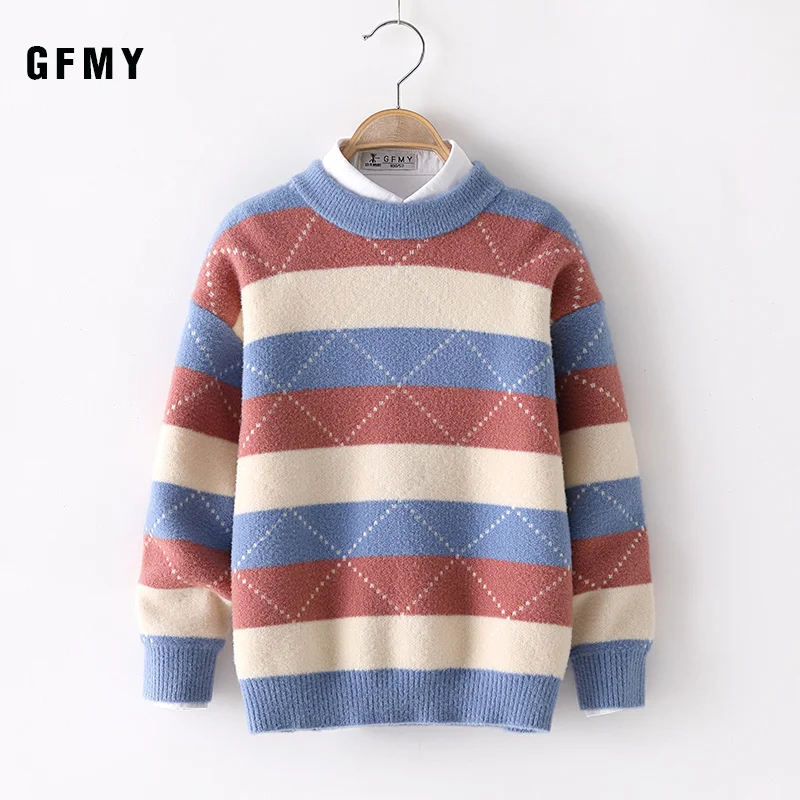 GFMY/2019 г. Осенне-зимний модный бархатный свитер в полоску с круглым воротником для