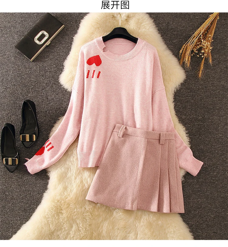 

Oshangchaopin Korean Sweet Style Sweater 2-Piece Set Long Sleeve Heart Pattern Print Knit Jumper Tops+Woolen Pleated Short Skirt