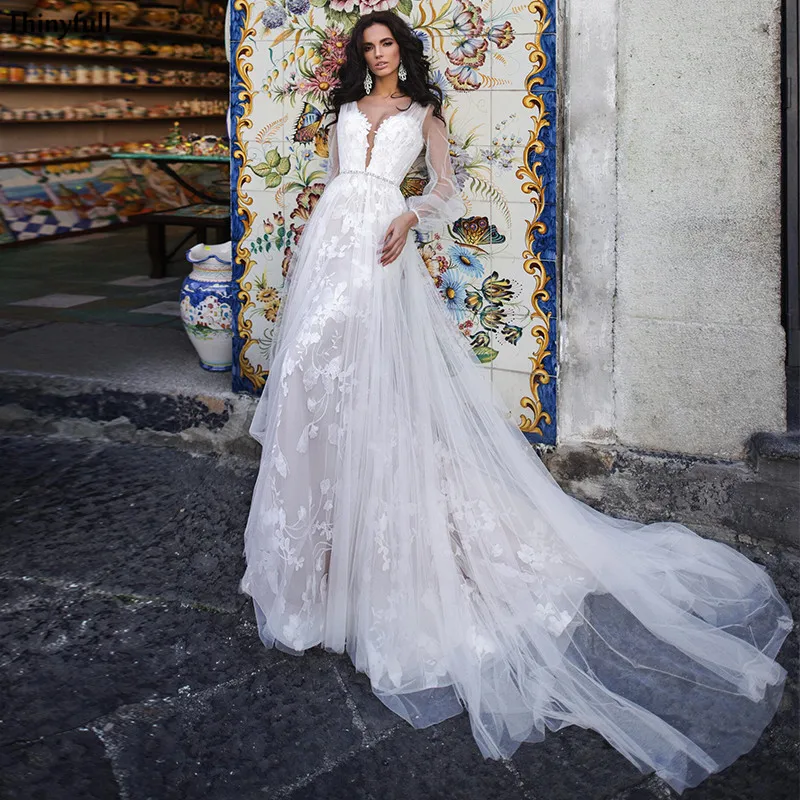 

Thinyfull Princess Boho Wedding Dresses Long Puffy Sleeve Lace Appliques Illusion Backless Bridal Gowns With Train Vestidos Boda