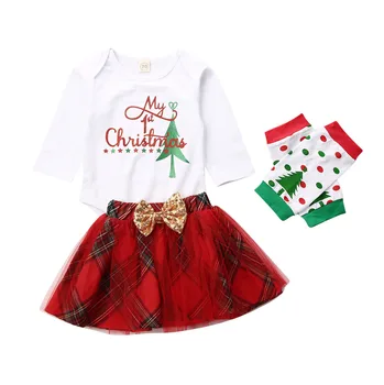 

Newborn Toddler Infant Baby Girls Romper Long Sleeve Tops Tutu Skirts Socks 3PCS Outfits Set Casual My 1st Christmas Clothes