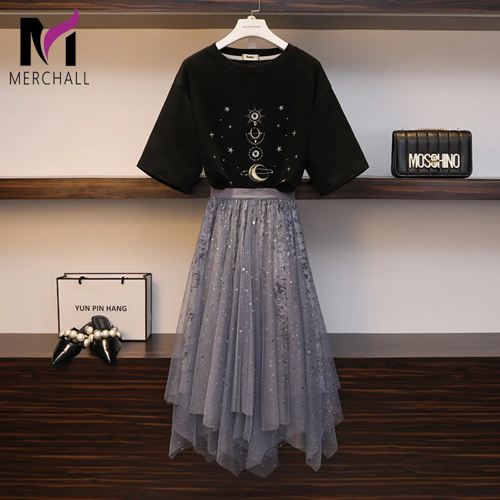 

Women Moon Star Embroidery Cotton T Shirt Tops Tees + Sequined Irregular Mesh Layer Skirts Sets 2 Piece Clothes Suit Plus Size