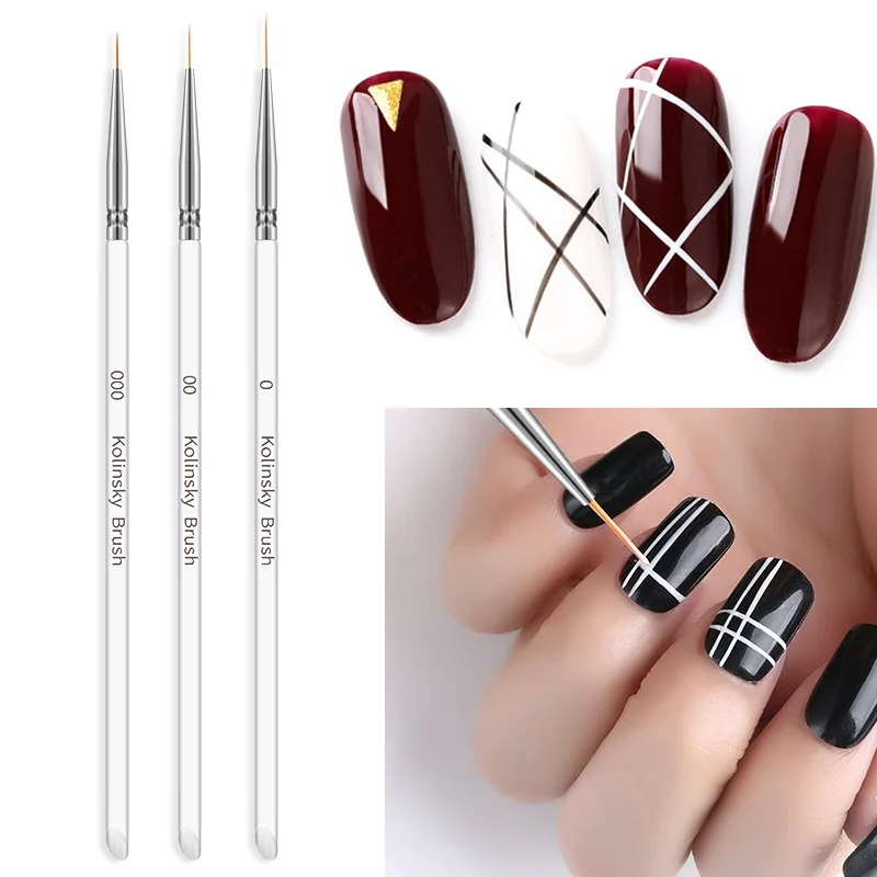 3Pcs Nail Art Brushes Thin Liner Drawing Pen Kolinsky Crystal Acrylic Painting Stripes Flower 2 side Nail Art Manicure Tools Set