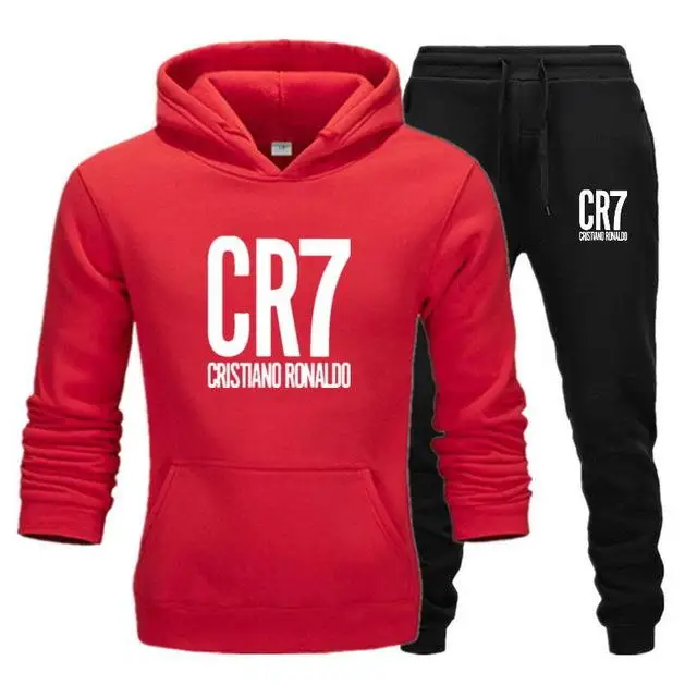 red and black-B Мужской спортивный костюм, зимний флисовый капюшон CR7, куртка с принтом+ штаны, толстовка, мужской комплект из 2 предметов, толстовки, спортивный костюм, пальто - Цвет: red and black-B