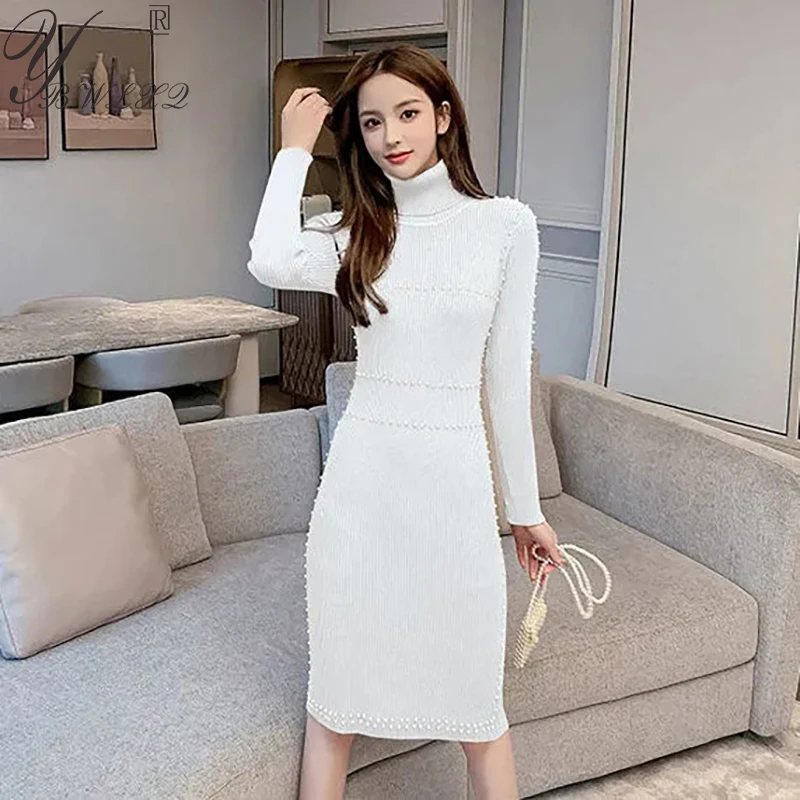 

Turtleneck Women Autumn Winter Beading Solid Color Midi Sweater Dress Fashion Slim Long Sleeve Pullover Warm Knit Dress Ladies