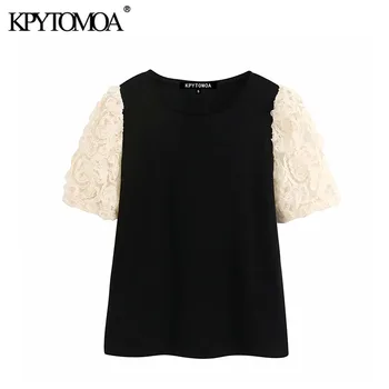 

KPYTOMOA Women 2020 Vintage Fashion Lace Patchwork Knitted Blouses O Neck Short Sleeve Female Shirts Blusas Chic Tops
